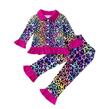 2шт Пижамы для маленьких девочек, детский топ, бутик, пижама с длинным рукавом, Леопардовый комплект, ночная рубашка, Детская пижама
