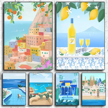 Абстрактный плакат с тропическим пейзажем; Город Санторини; море; пляж; пейзаж; скандинавский принт на холсте для домашнего декора гостиной; Cuadros