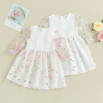 Детское платье для девочек от 3 до 6 лет с цветочной вышивкой, круглый вырез, прозрачное сетчатое платье с длинными пышными рукавами, модное осеннее повседневное платье принцессы