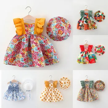 Одежда для маленьких девочек, Летние Повседневные Детские пляжные платья со шляпой, модное платье принцессы с бантом и цветочным принтом, комплект одежды для новорожденных