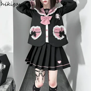 Японский костюм, милая двойка для комплекта, женская матросская рубашка с длинным рукавом в стиле Лолиты, плиссированная мини-юбка с высокой талией, комплекты Y2k